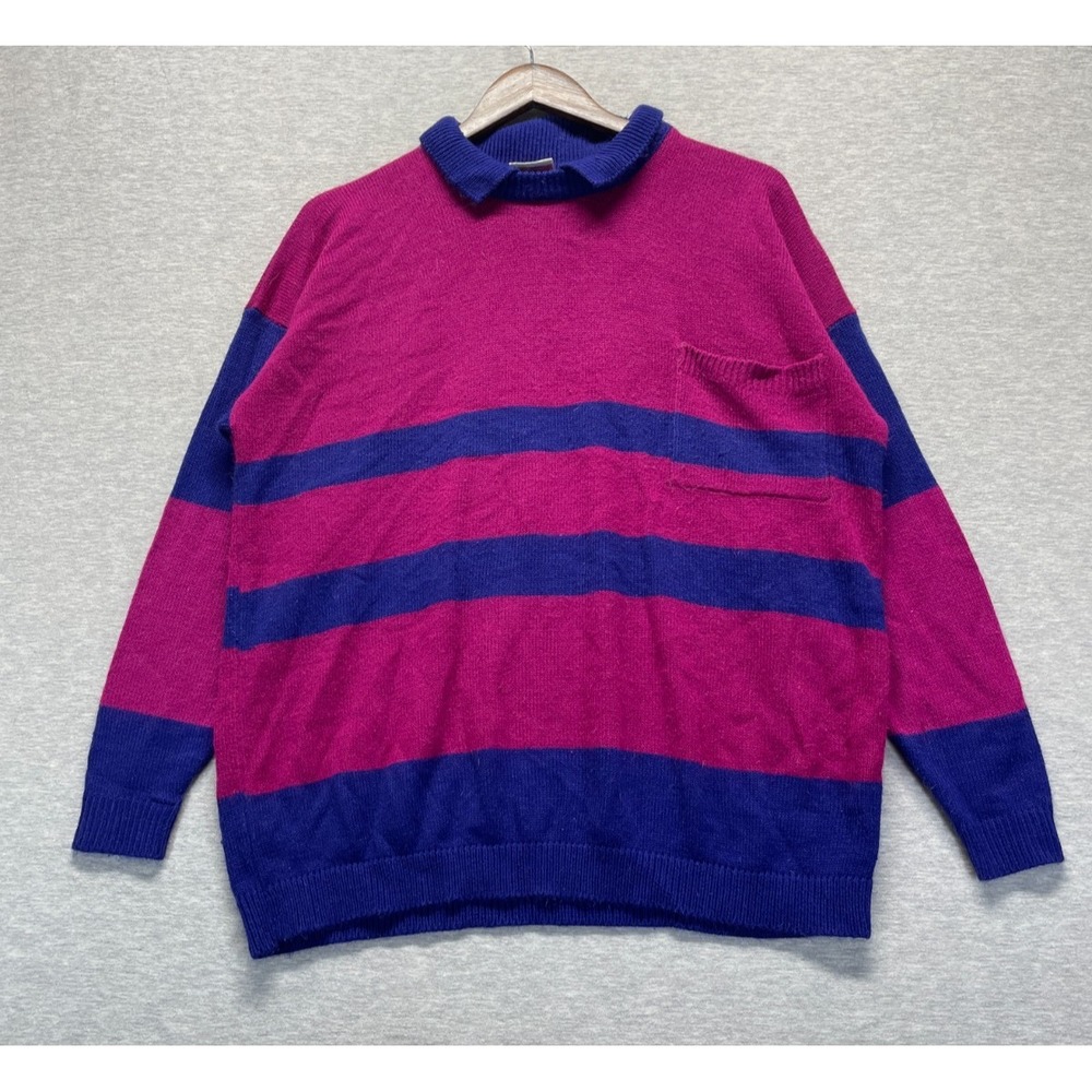 Vintage Cherry Stix Polo Sweater Mens Large Pink Blue Colorblock Acrylic Ribbed